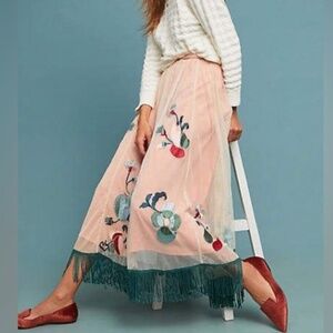 Anthropologie Akemi & Kim Embroidered Pink + Green Tulle Maxi Skirt with Fringe